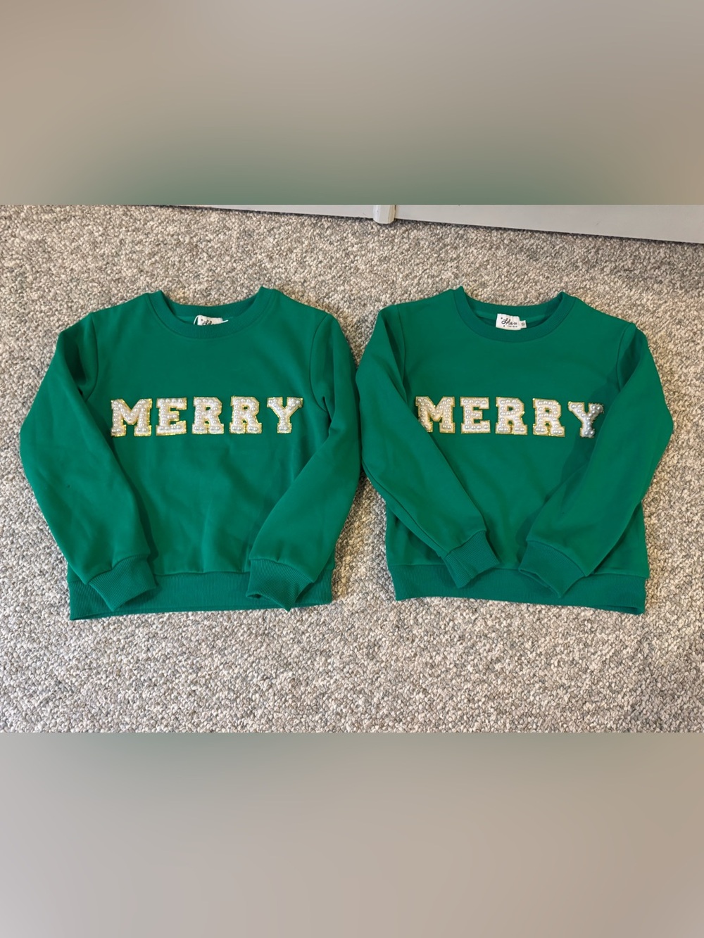 Lola + The Boys Green 'MERRY' Sweatshirt with Pearl Appliqué